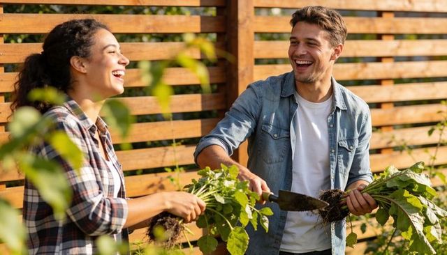 Young couple laughing while harvesting greens in sunlit backyard near wooden fence