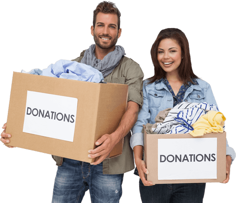 Transparent couple donating clothes smiling together