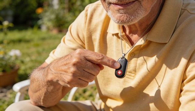 Senior man pressing medical alert pendant on silver chain while wearing polo in garden