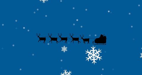 Silhouette of Santa Claus with Reindeer in Snowy Sky