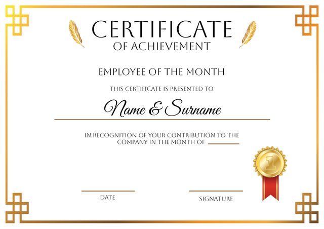 Certificate template design intended to recognize standout employee performance for the month. Suitable for corporate use and to motivate employees. The certificate features customizable fields for employee name, month, date, and signature, along with decorative accents featuring a gold medal. Ideal for HR departments, management teams, or supervisors looking to acknowledge and reward exceptional work.