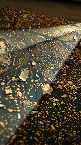 Catching triangular light beam across cracked metallic panel with scattered gold flakes