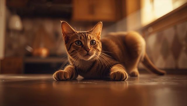 Playful ginger tabby cat crouching on kitchen floor