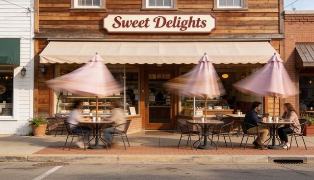 Breezy pink umbrellas blurring above sidewalk cafe, couples sipping coffee at sweet delights