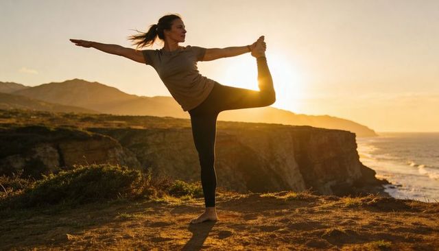 Woman practicing yoga on cliff coastline at golden sunset balancing in dancer pose by sea