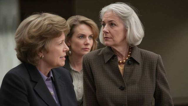 Senior white-haired woman listening during professional office meeting with colleagues