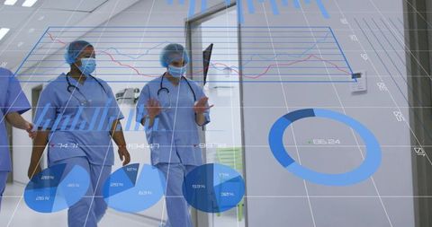 Healthcare team walking hospital corridor interacting with AR data dashboards and analytics