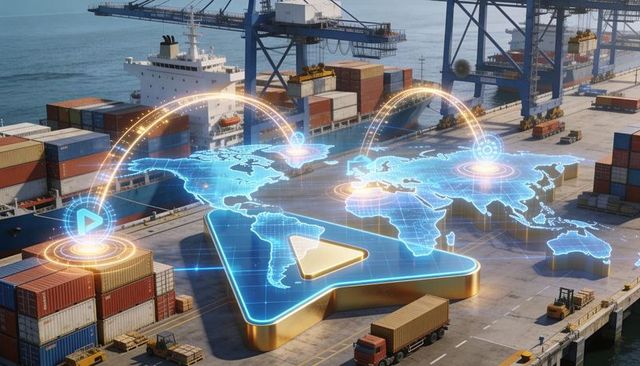Projecting global logistics hologram over busy cargo port with container cranes