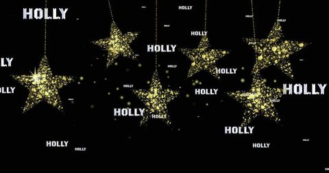 Golden star ornaments and holly text on black background