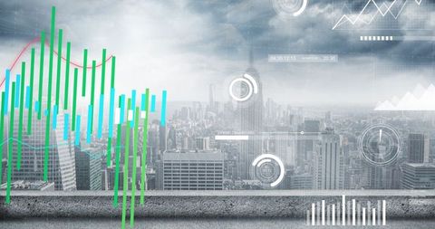 Digital Graphs and Data Interface Over Urban Skyline - Download Free Stock Images Pikwizard.com
