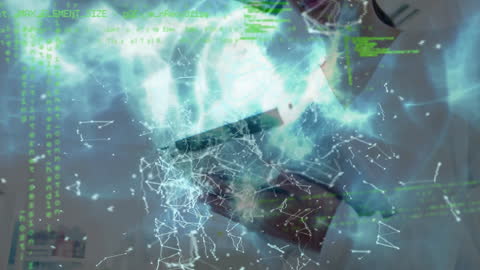 Women Using Tablet with Futuristic Digital Overlay