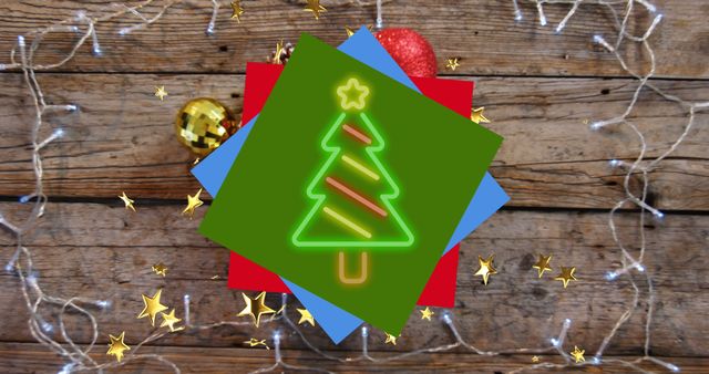 Neon Christmas Tree and Lights Over Wooden Background - Download Free Stock Images Pikwizard.com