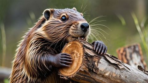 Beaver chewing on tree log at riverside forest