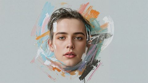 Contemporary portrait of woman merging with pastel brush strokes