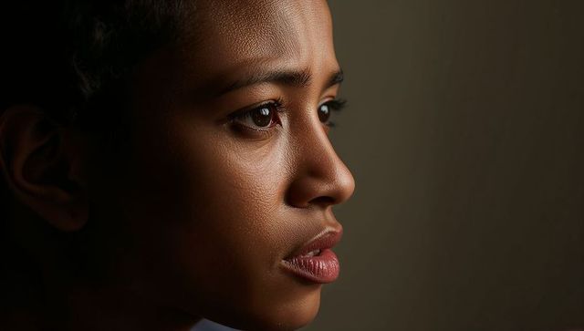 Gazing boy profile with dramatic low-key lighting, textured skin detail and soft catchlight