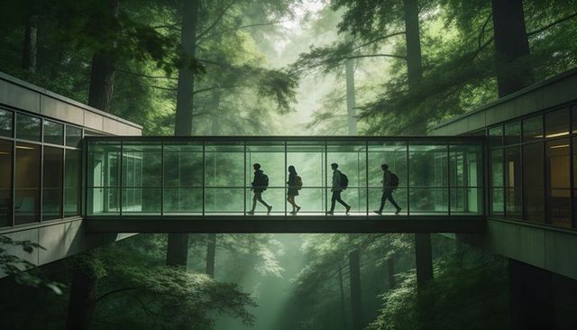 Walking students crossing glass skybridge above misty forest with sunbeams filtering