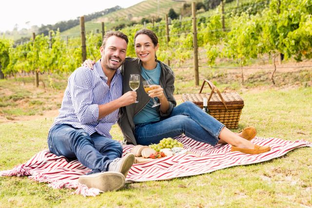A young couple is seated on a picnic blanket, holding glasses of wine in a vineyard. The scene includes a picnic basket, food, and a scenic background of grapevines. Ideal for use in advertisements or articles focused on leisure activities, romantic getaways, wine tasting events, and outdoor relaxation. Perfect for promoting wine brands, vineyard tours, picnic products, or romantic date ideas.