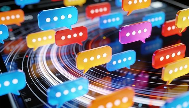 Vibrant 3d chat bubbles floating over digital network rings messaging visualization