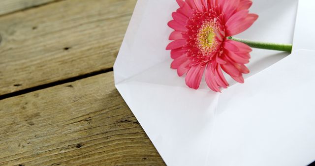 A vibrant pink gerbera daisy rests on a white envelope against a rustic wooden background, with copy space. Symbolizing beauty and a delicate message, the flower adds a touch of nature's elegance to the scene.