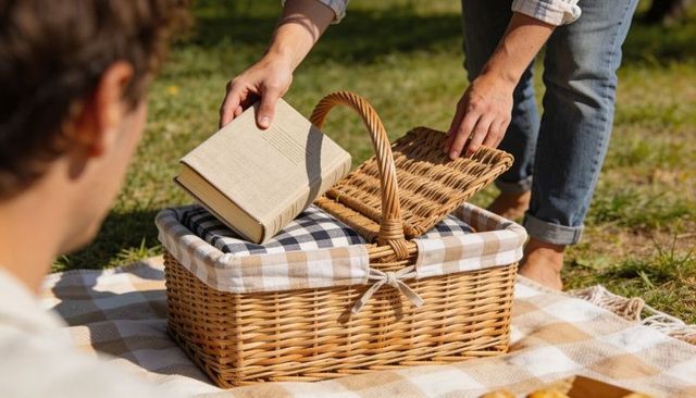 Placing book into wicker picnic basket on checkered blanket in sunlit park