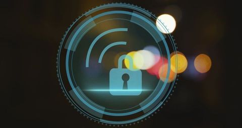 Glowing teal padlock hud representing cybersecurity, encryption and secure network access