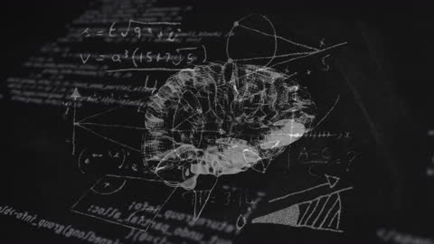 Rotating Brain with Math Formulas on Dark Background