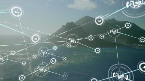 Digital Cloud Network Over Island Landscape for Technology Concept
