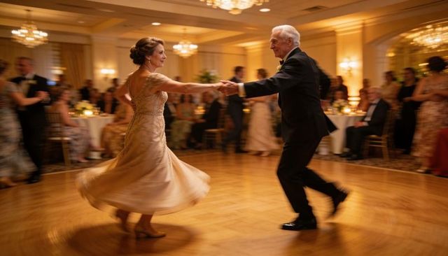 Elegant mature couple twirling at formal ballroom reception under crystal chandeliers