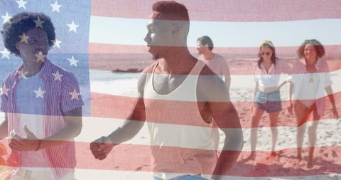 Diverse Friends Enjoy Beach Fun Under American Flag Colors