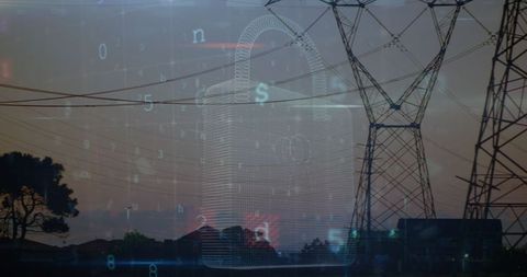 Digital padlock overlapping power lines illustrating cybersecurity in energy sector