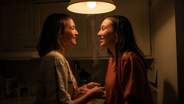 Two women holding hands sharing warm intimate moment under kitchen pendant lamp