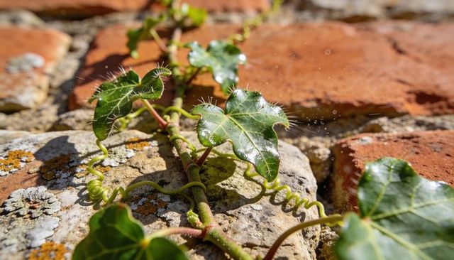 Sunlit ivy vine crawling across weathered brick and lichen-covered stone, spiraled tendrils
