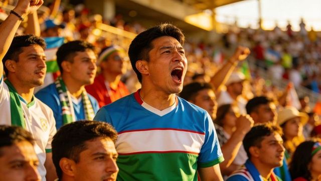 Shouting fan wearing blue white green striped jersey cheering in crowded stadium grandstand