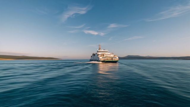 Sunrise ferry cruising calm blue sea leaving foamy wake with distant coastline