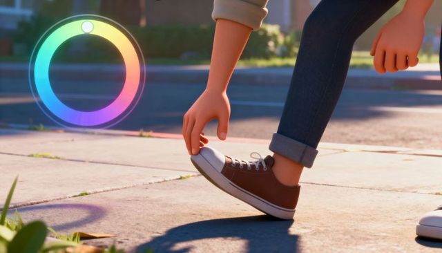 Person adjusting canvas sneaker on sidewalk at golden hour with color wheel overlay