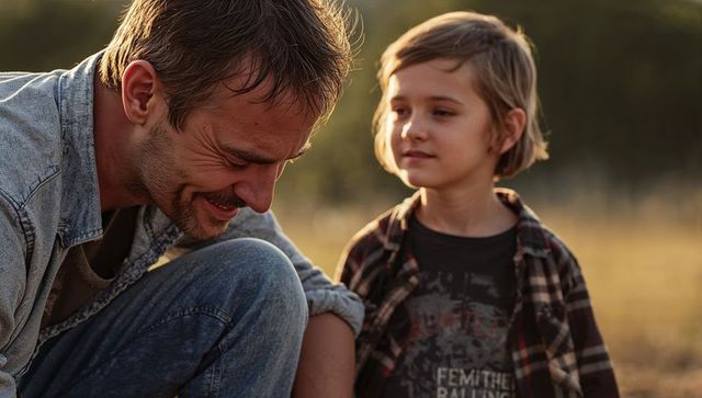 Father crouching and smiling while leaning toward child in sunlit meadow at golden hour