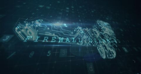 Cybersecurity concept with holographic firewall display