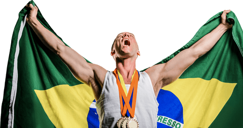 victorious athlete posing with brazilian flag and gold medals transparent - Download Free Stock Videos Pikwizard.com