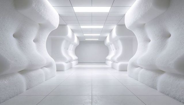 Futuristic sculptural white corridor with curved panels and minimalist tile floor