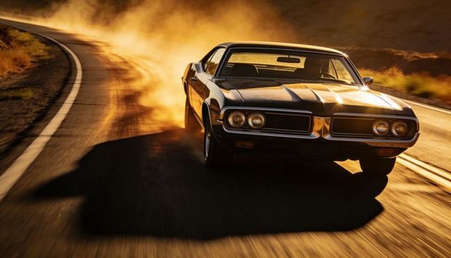 Sunlit vintage muscle car racing along winding two-lane desert highway kicking up dramatic dust trai