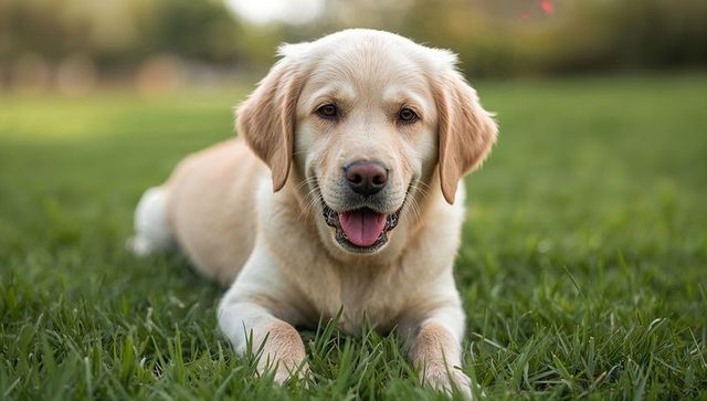 Playful Golden Retriever Puppy Lying in Park