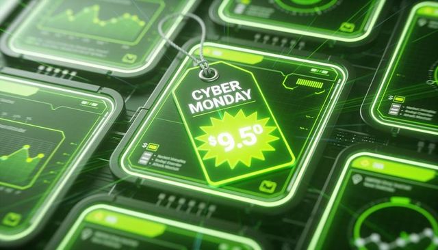 Cyber monday neon price tag on futuristic holographic dashboard with analytics ui