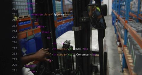 Forklift operator driving warehouse aisle, steering controls, safety vest, code overlay