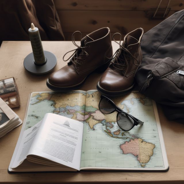 Rucksack, walking boots, sunglasses and map, created using generative ai technology. Travel, adventure, exploration and vacations, digitally generated image.
