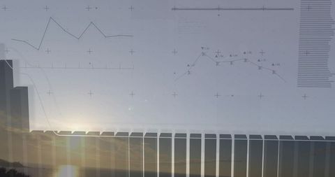 Abstract Data Horizon Blending Translucent Vertical Bars, HUD Overlays and Sunrise Glow