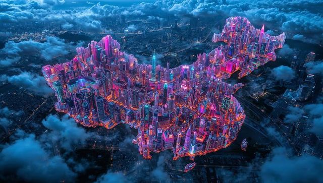 Neon-Lit China-Shaped Skyscrapers at Night