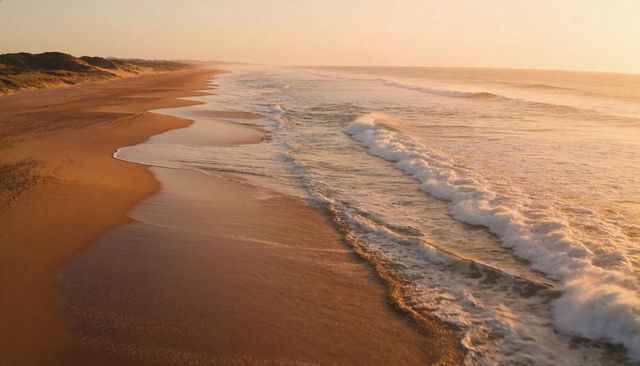 Stretching golden shoreline with foamy breaking waves and dune grass at sunrise