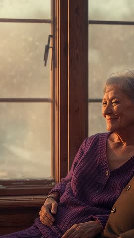 Senior woman smiling while noticing winter sunlight through frosted window, vertical video