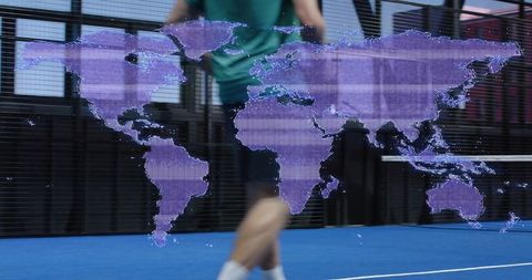 Running athlete crossing blue racquet court with purple world map digital overlay