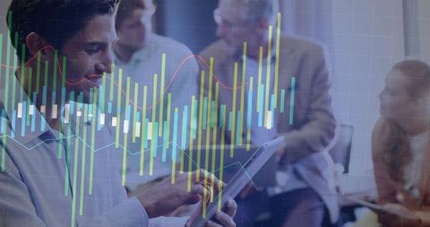 Business team analyzing stock data with digital tablet in office meeting